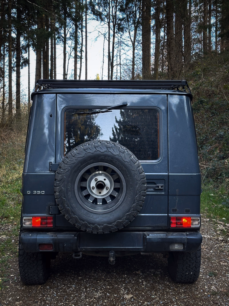 Mercedes G350 Heck mit Walger Works Dachtraeger, Reserverad